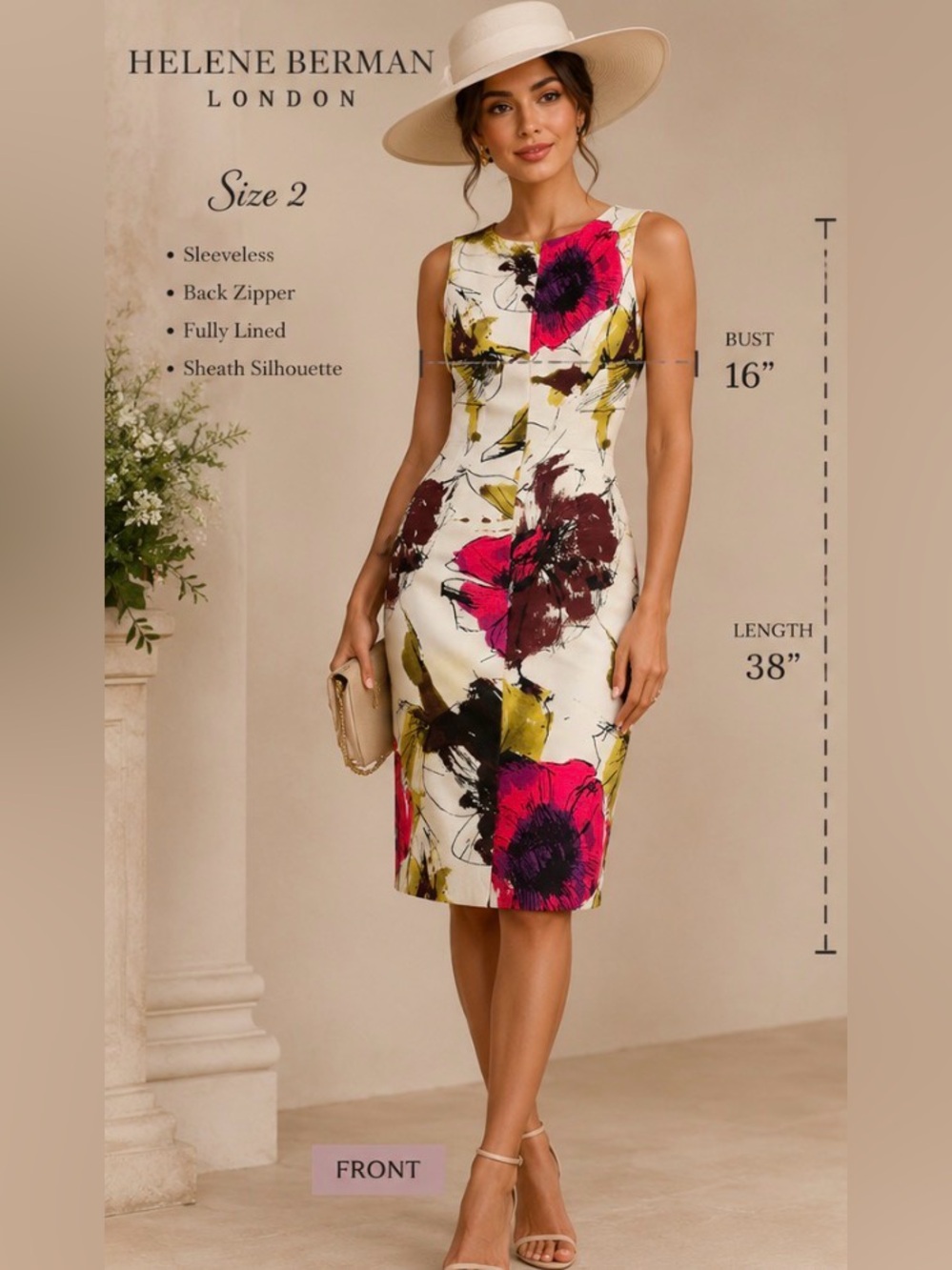Helene Berman London Floral Sheath Dress Size 2. Abstract Occasion Print.